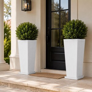 Set of 2 Tall Square Planters, Modern Tapered Plastic Pots, Outdoor Patio Decor
