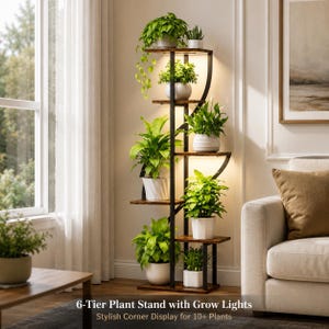 May include: A 6-tier plant stand featuring a black metal frame and dark wood shelves. The unit includes integrated LED grow lights under each shelf, illuminating various potted green plants. The text 6-Tier Plant Stand with Grow Lights is visible.