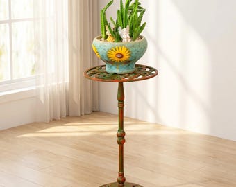 Vintage Cast Iron Plant Stand, 16” Tall Metal Flower Pot Holder, Heavy Duty Indoor Outdoor Planter Stand for Garden
