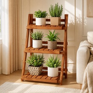 Foldable Wooden Plant Stand, 3 Tier Ladder Plant Shelf, Indoor Outdoor Flower Pot Rack, Folding Display Shelf for Patio Balcony