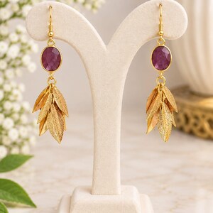 Natural Ruby Gemstone Feather Leaf Dangle Drop Earrings, 18k Gold Plated Brass Earrings, Oval Red Ruby Statement Jewelry, Gift for Her