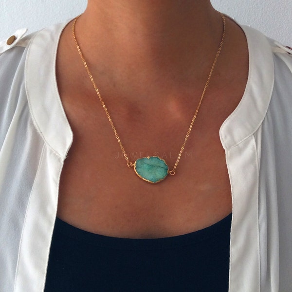 Aqua Druzy Halskette Gold Mint Grün Petrol Ombre Aquamarin Seafoam Geode Edelstein Schichtung lange rustikal moderne Aussage natürlichen Stein C1