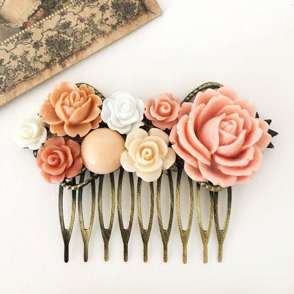 Peach Hair Comb Wedding Bridal Headpiece Coral Pink Soft Cream Ivory Apricot Flower Woodland Affordable Floral Bridal Hair Accessory WR