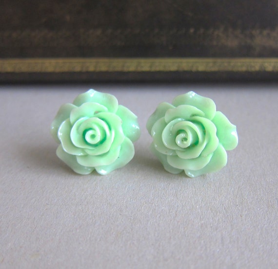 Items similar to Rose Earrings Mint Green Stud Earrings Floral Flower ...