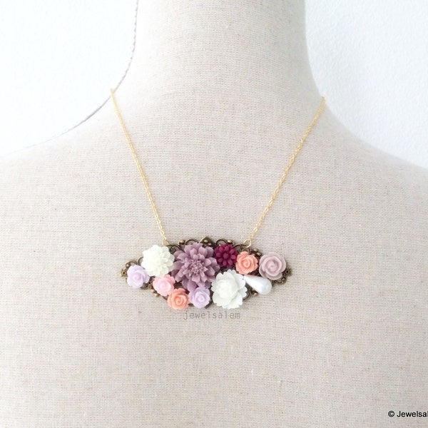 Bridal Necklace Pink Lilac White Maroon Red Flower Necklace Floral Jewelry Gift for Bridesmaids Wedding Vintage Style Victorian Romantic SB