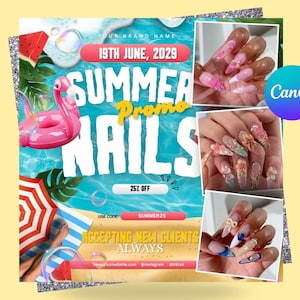 Peut inclure: Une affiche promotionnelle sur le thème de l'été pour les ongles, avec un flotteur flamant rose, une pastèque et un parasol. Le texte comprend "19 juin 2029", "25% de réduction" et "Acceptant toujours de nouveaux clients". Des exemples de nail art sont affichés.