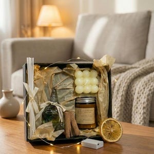 Aromatherapy Spa Gift Set, Scented Candle Reed Diffuser, Bubble Cube Candle, Dried Orange Cinnamon, Fairy Lights, Self Care Gift Box for Her