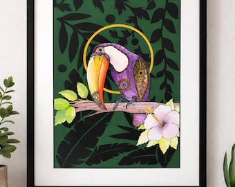 Heiliger Tukan – Goldener Heiligenschein | Gemälde eines tropischen Vogels