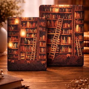 Op de afbeelding: Twee decoratieve boekvormige dozen met een bibliotheekontwerp. De dozen hebben een gedetailleerde illustratie van boekenkasten vol boeken, ladders en warme verlichting. Het kleurenpalet omvat tinten bruin, oranje en geel, wat een gezellige, vintage esthetiek creëert.