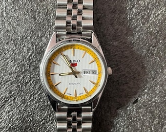 Calibro-6309, orologio automatico Seiko 5 vintage, quadrante bianco, cinturino in acciaio inossidabile, ricondizionato