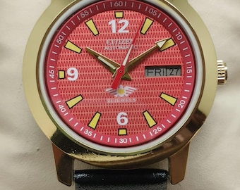 Citizen Automatic 21 Jewels Day-Date Red Dial Black Leather Strap Men's Watch