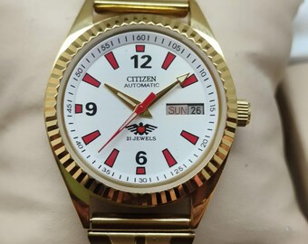 Orologio da uomo Citizen Automatico 21 Jewels Day-Date color oro con quadrante bianco e indici rossi