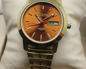 Citizen Automatic Gold Plated Watch with Sunburst Orange Dial