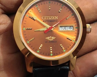 Citizen Automatic Watch | Gold Tone Case, Copper Sunburst Dial, Black Leather Strap