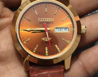 Citizen Automatic Watch | Copper Sunburst Dial, Gold Case, Brown Leather Strap