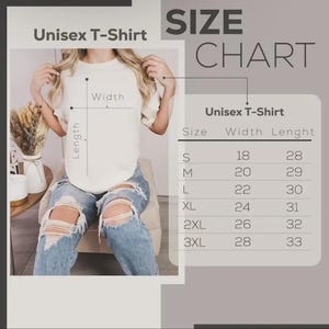 May include: A size chart for a unisex t-shirt featuring a white shirt and blue distressed jeans. The chart lists sizes S through 3XL with corresponding width and length measurements in inches, ranging from 18 to 28 inches wide and 28 to 33 inches long.