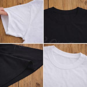 May include: A collage of four close-up views showing a plain white t-shirt and a plain black t-shirt. The images display the short sleeves, the round crew necklines, and the fabric texture of both garments in solid white and solid black colours.