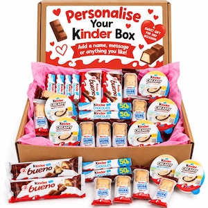 May include: A cardboard gift box filled with an assortment of Kinder chocolate products, including Kinder Bueno bars, Kinder Chocolate bars, Kinder Happy Hippo biscuits, and Kinder Creamy cups. The box lid features the text Personalise Your Kinder Box.