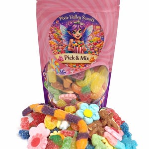 May include: A pink bag of "Pixie Valley Sweets" pick and mix sweets with a fairy graphic. The bag is filled with a variety of colourful gummy sweets, including worms, flowers, and bears, spilling out onto a white surface.