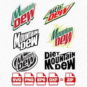 May include: A collection of six Mountain Dew logo variations in different styles, including red, green, black, and white color schemes. Below the logos are five red file icons labeled SVG, PNG, EPS, DXF, and ZIP, indicating available file formats.