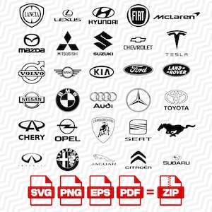 Può includere: Una collezione di loghi di marchi automobilistici in bianco e nero tra cui Lancia, Lexus, Hyundai, Fiat, McLaren, Mazda, Mitsubishi, Suzuki, Chevrolet, Tesla, Volvo, Mini, Kia, Ford, Land Rover, Nissan, BMW, Audi, Mercedes, Toyota, Chery, Opel, Lamborghini, Seat, Mustang, Infiniti, Alfa Romeo, Jaguar, Citroen e Subaru, con icone di formato file per SVG, PNG, EPS, PDF e ZIP in basso.