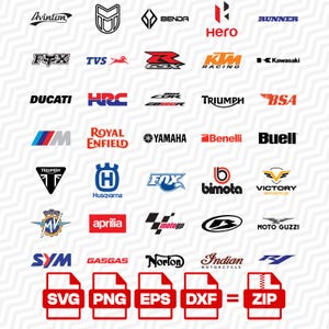 Può includere: Una collezione di loghi di marchi motociclistici tra cui Avinton, Benda, Hero, Runner, Fox, TVS, Suzuki GSX, KTM, Kawasaki, Ducati, HRC, CBR, Triumph, BSA, BMW M, Royal Enfield, Yamaha, Benelli, Buell, Husqvarna, Bimota, Victory, MV Agusta, Aprilia, MotoGP, Moto Guzzi, SYM, Gasgas, Norton, Indian e R1. In basso, cinque icone di file rosse etichettate SVG, PNG, EPS, DXF e ZIP rappresentano i formati di file digitali disponibili.
