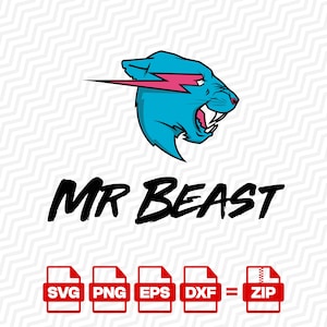 Peut inclure: Un logo graphique représentant une tête de tigre bleue stylisée avec un cache-œil en forme d'éclair rose et la gueule ouverte, au-dessus du texte noir MR BEAST. En dessous, cinq icônes de fichiers rouges étiquetées SVG, PNG, EPS, DXF et ZIP.