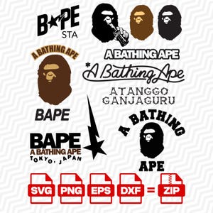 Może przedstawiać: Kolekcja cyfrowych plików graficznych zawierających logo BAPE STA, tekst A Bathing Ape oraz różne ikony głów małp w kolorze czarnym i brązowym. Obraz zawiera tekst taki jak A Bathing Ape, BAPE, Tokyo Japan, Atanggo Ganjaguru oraz ikony SVG, PNG, EPS, DXF i ZIP.