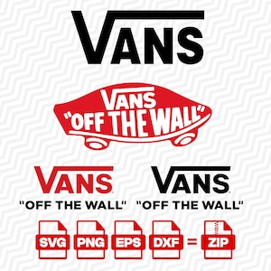 Könnte beinhalten: Eine digitale Grafiksammlung mit dem schwarzen Vans-Logo, dem roten Vans Off The Wall Skateboard-Logo und zwei Varianten des Vans Off The Wall-Textlogos. Darunter befinden sich Symbole für die Dateiformate SVG, PNG, EPS und DXF in einer ZIP-Datei.