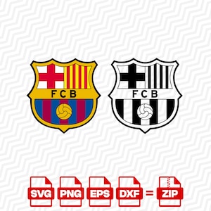 Könnte beinhalten: Zwei schildförmige FCB-Logos, eines in Farbe mit Rot, Gelb und Blau, das andere in Schwarz-Weiß. Beide zeigen einen Fußball und den Text FCB. Darunter befinden sich fünf Dateiformat-Symbole mit der Beschriftung SVG, PNG, EPS, DXF und ZIP.