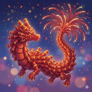 Puede incluir: Ilustración vibrante de un dragón rojo hecho de petardos, con una cola de fuego y chispas. El dragón se encuentra sobre un fondo azul oscuro con luces dispersas, evocando un ambiente festivo.