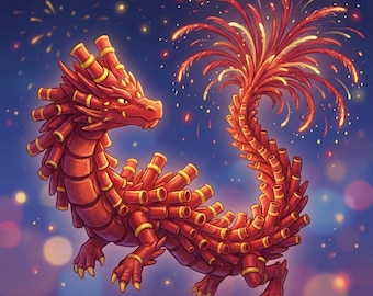 Pyrris Firework Dragon - 3D Printed Articulated Fantasy Figurine, Rocketscale Dragon, Crimson Red Gold, Handcrafted UK