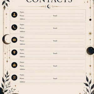 May include: A beige contact list notebook with celestial-themed illustrations. The word "CONTACTS" is at the top. Each contact entry includes fields for name, phone, email, and address. Decorative crescent moons and stars frame the page.