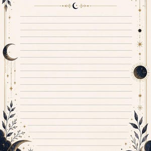 May include: A lined notepad with a celestial design. The cream-colored paper is framed by a border of dark blue clouds, moons, stars, and botanical elements. The word "NOTES" is at the top.