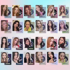 以下が含まれることがあります： 女性のポートレートが描かれたKATSEYEフォトカードのコレクション。各カードには前面にポートレート、背面にデザインが施されています。各カードにはKATSEYEのロゴが印刷されています。