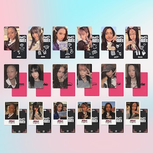 May include: A selection of photo cards displaying portraits of different people. Each card has a portrait on the front and the text "eye's INDER" on a black background. The cards are arranged on a pink background.