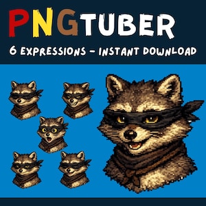 Op de afbeelding: Digitale illustratie van een gepixeleerde wasbeer met een zwart masker en sjaal, met zes verschillende uitdrukkingen. De tekst "PNGTUBER" staat bovenaan, met "6 EXPRESSIONS - INSTANT DOWNLOAD" eronder.