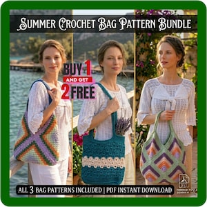 Op de afbeelding: De afbeelding toont een "Summer Crochet Bag Pattern Bundle" met drie verschillende haakpatronen voor tassen. De tassen zijn in verschillende kleuren, waaronder teal, paars en oranje. De tekst "BUY 1 AND GET 2 FREE" is prominent aanwezig. De afbeelding bevat ook de tekst "ALL 3 BAG PATTERNS INCLUDED | PDF INSTANT DOWNLOAD".