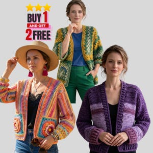 3-in-1 Crochet Cardigan Pattern Bundle PDF, Granny Square Sweater, Colorful Boho Jacket, Beginner Friendly DIY Knitwear, Instant Download