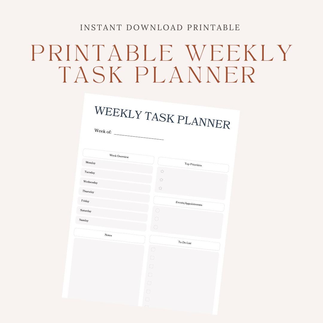 Weekly Task Planner Printable | Minimal Undated Work Planner ...
