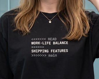 Work Life Balance Shirt Funny Git Conflict Tee | Coder Programmer Burnout Boundaries Gift | Freelance Developer Remote Worker Present Idea