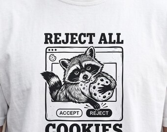 Raccoon Shirt Developer Gift | Data Privacy Cybersecurity Tee Reject Cookies | Vintage Linocut Trash Panda Infosec Tshirt CS Student Web Dev