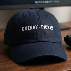 May include: A navy blue baseball cap featuring the white embroidered text CHERRY-PICKED centred on the front panel. The cap has a structured crown, a curved brim, and a classic six-panel design with matching stitching throughout the fabric.