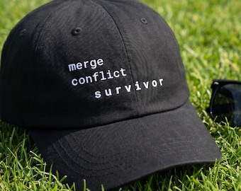 Merge Conflict Survivor Hat | Embroidered Git Joke Cap for Developers | Version Control Humor Adjustable Black Dad Hat for Backend Devs Gift