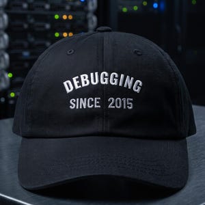 Könnte beinhalten: Eine schwarze Baseballkappe mit weißem Sticktext, der DEBUGGING SINCE 2015 lautet. Die Kappe hat eine strukturierte Krone, einen gebogenen Schirm und einen Knopf oben. Die Stickerei ist mittig auf dem Vorderteil in einer serifenlosen Schrift.