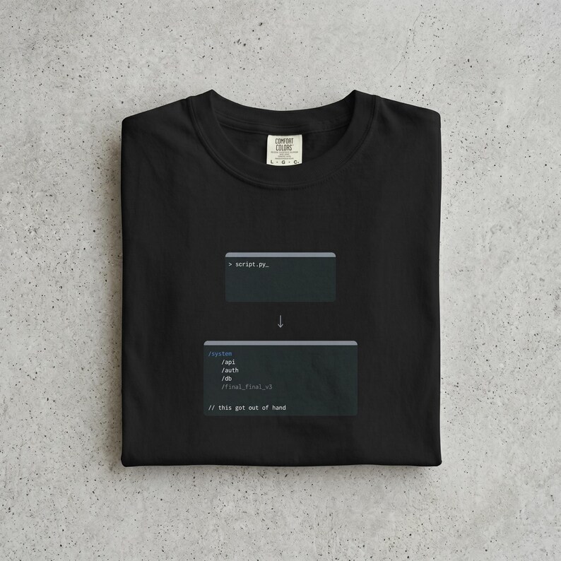 May include: Black t-shirt featuring code snippets. The design includes '> script.py' above an arrow, leading to file paths and the text '// this got out of hand'. A Comfort Colors label is visible.