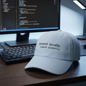 Puede incluir: Gorra de b&eacute;isbol azul claro con el texto "brewed locally sipped globally" en negro. La gorra est&aacute; sobre un escritorio de madera frente a un monitor de ordenador y un teclado.