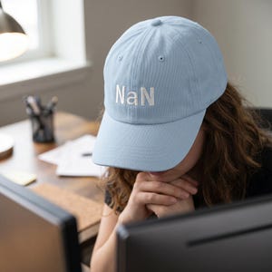 May include: A light blue baseball cap featuring the text "NaN" embroidered in white on the front panel. The cap has a structured crown, a curved brim, and a button on top, constructed from a solid fabric with visible stitching details.