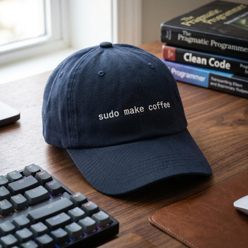 Pu&ograve; includere: Un cappellino da baseball blu navy con la scritta bianca "sudo make coffee". Il cappellino &egrave; appoggiato su una scrivania di legno vicino a una tastiera e dei libri. Ha una visiera curva e una parte superiore arrotondata.