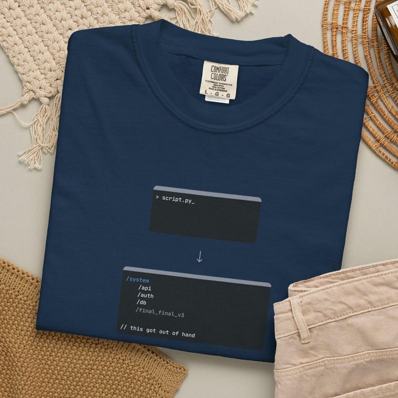 May include: Navy blue t-shirt featuring a code snippet graphic and the text "script.py_". Underneath, another code snippet is displayed with the text "/system /api /auth /db /final_final_v3 // this got out of hand". The shirt has a crew neck and a Comfort Colors tag.